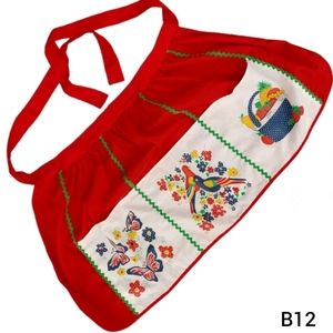 Vintage Home Made Apron Red Ric Rac Flowers Butterflies Birds Fruit